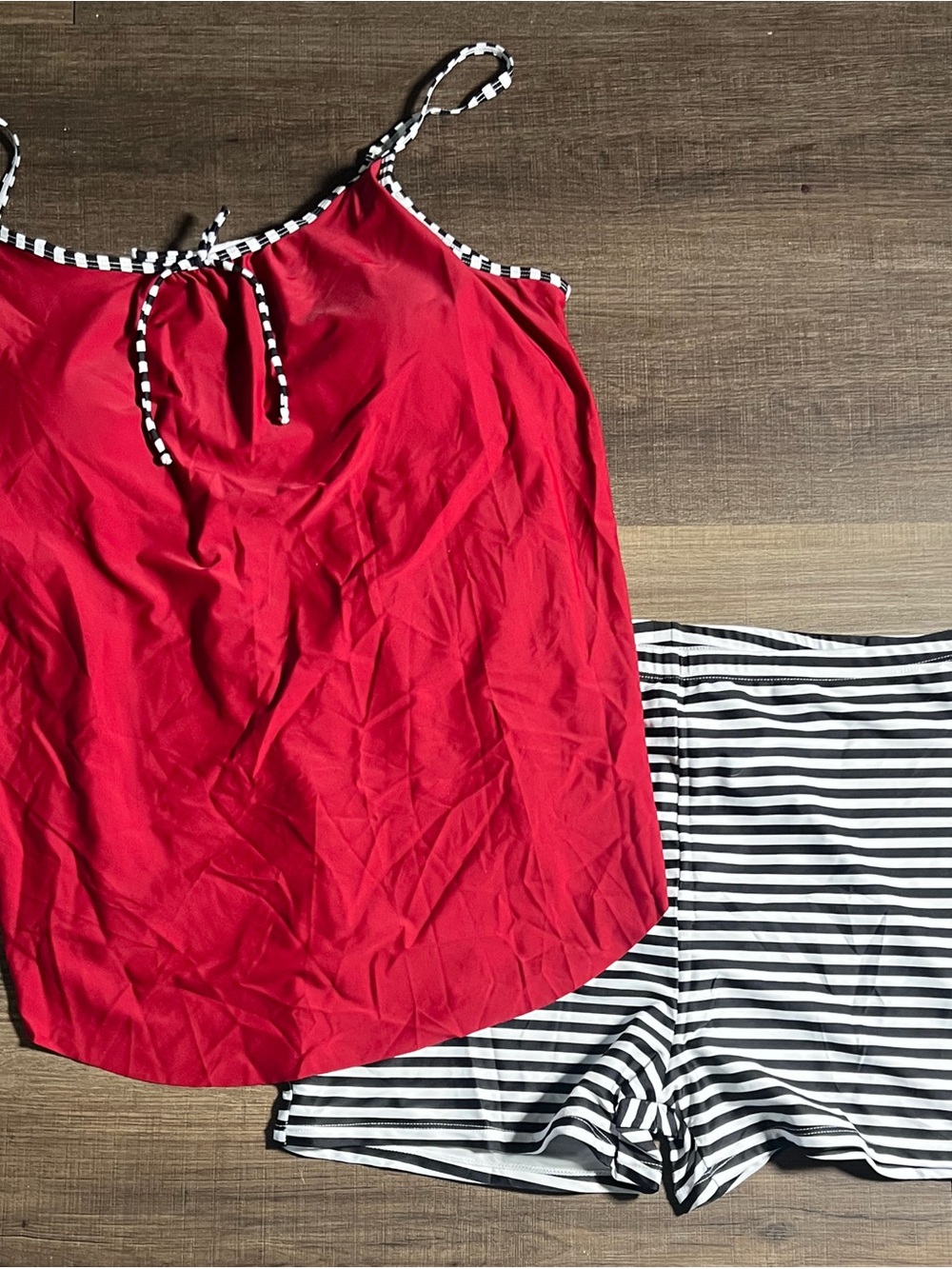 Red Tankini Top with Black & White Striped Swim Shorts